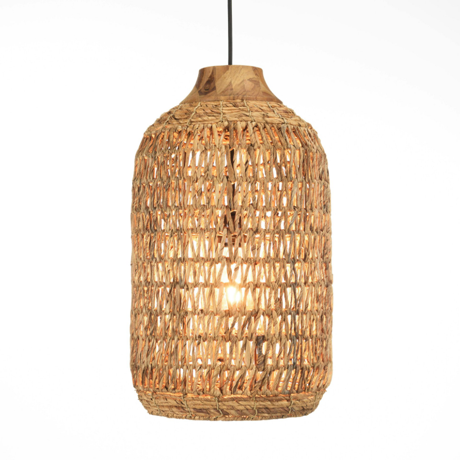 Suspension 30x30cm en abaca couleur naturelle et teck recyclé FOLELLI