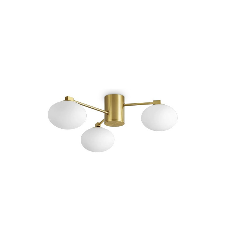 Plafonnier laiton 3 globes verre blanc soufflé Hermes