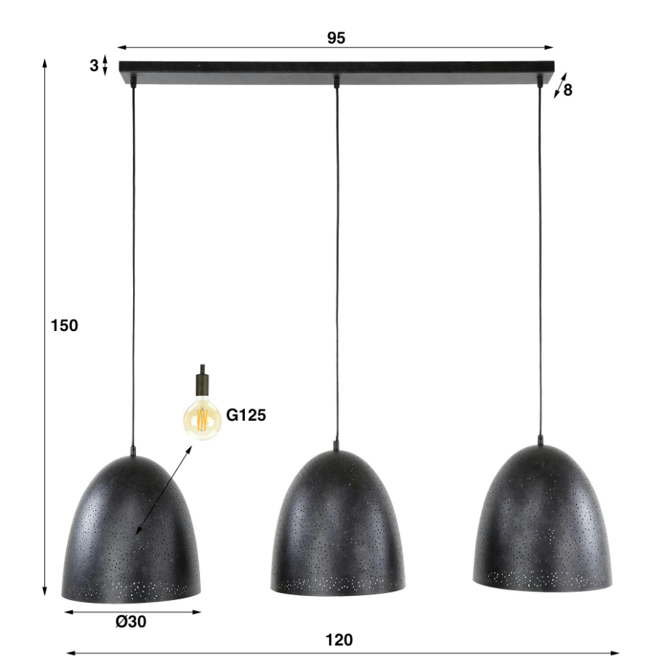 Suspension de table en métal, 3 abat-jour XL perforés RALF
