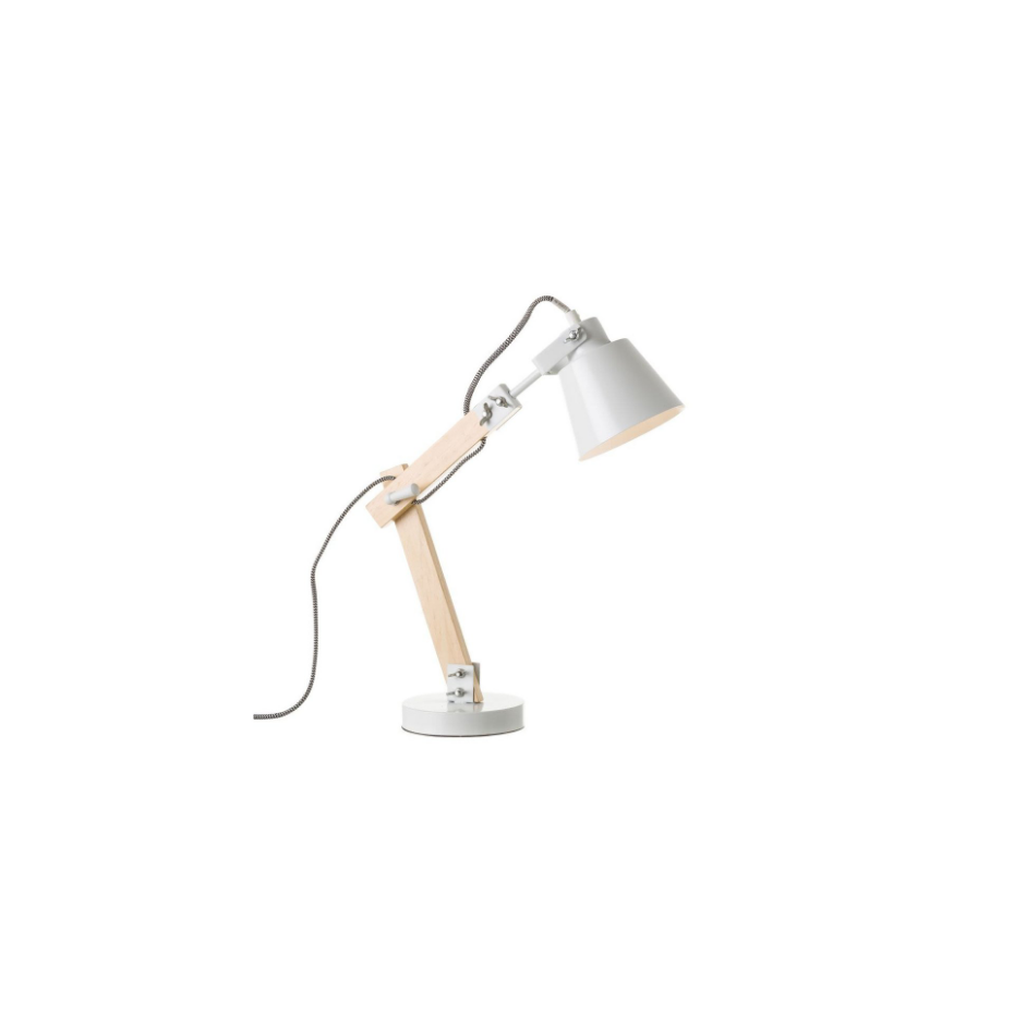 Lampe de Bureau Métal Blanc et Bois - Hauteur 43cm