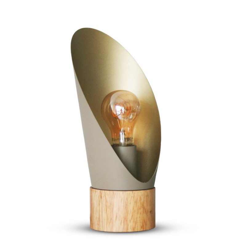Lampe A Poser Spoon Xl Métal Gris Taupe Socle En Bois