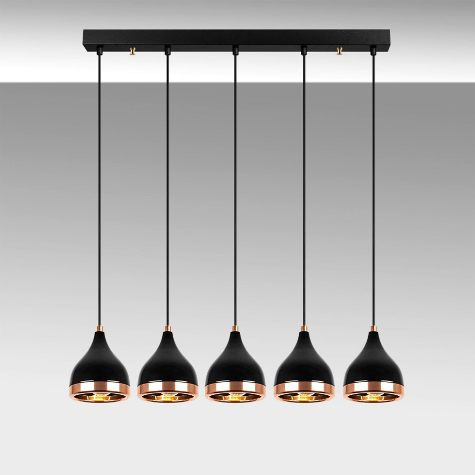 Suspension cuisine noire & cuivre, 5 abat-jour SILE