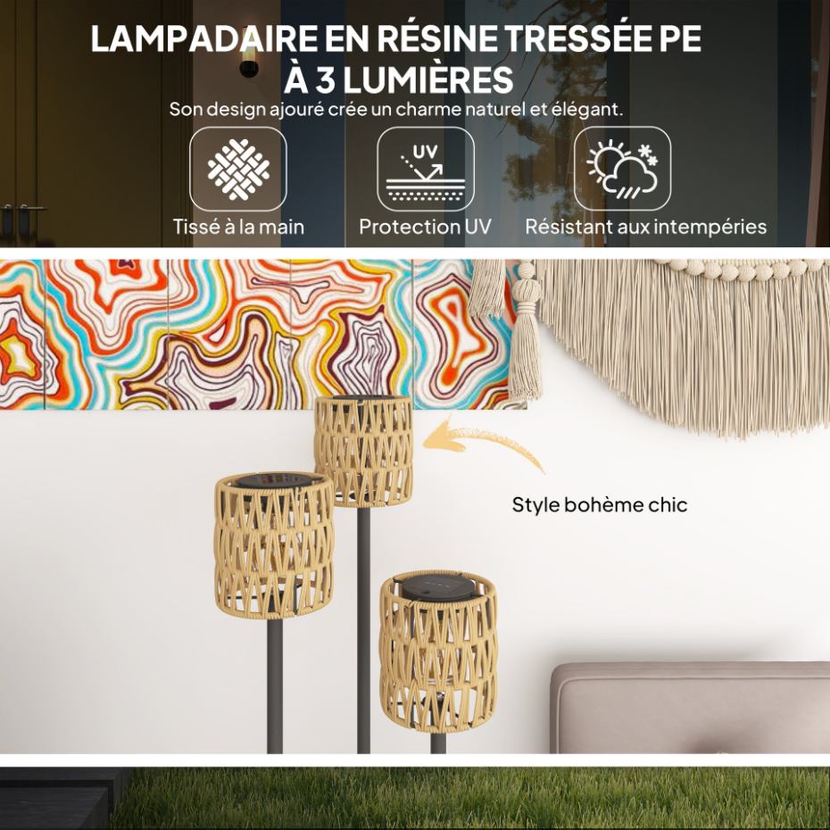 Lampadaire extérieur LED bohème triple abat-jour