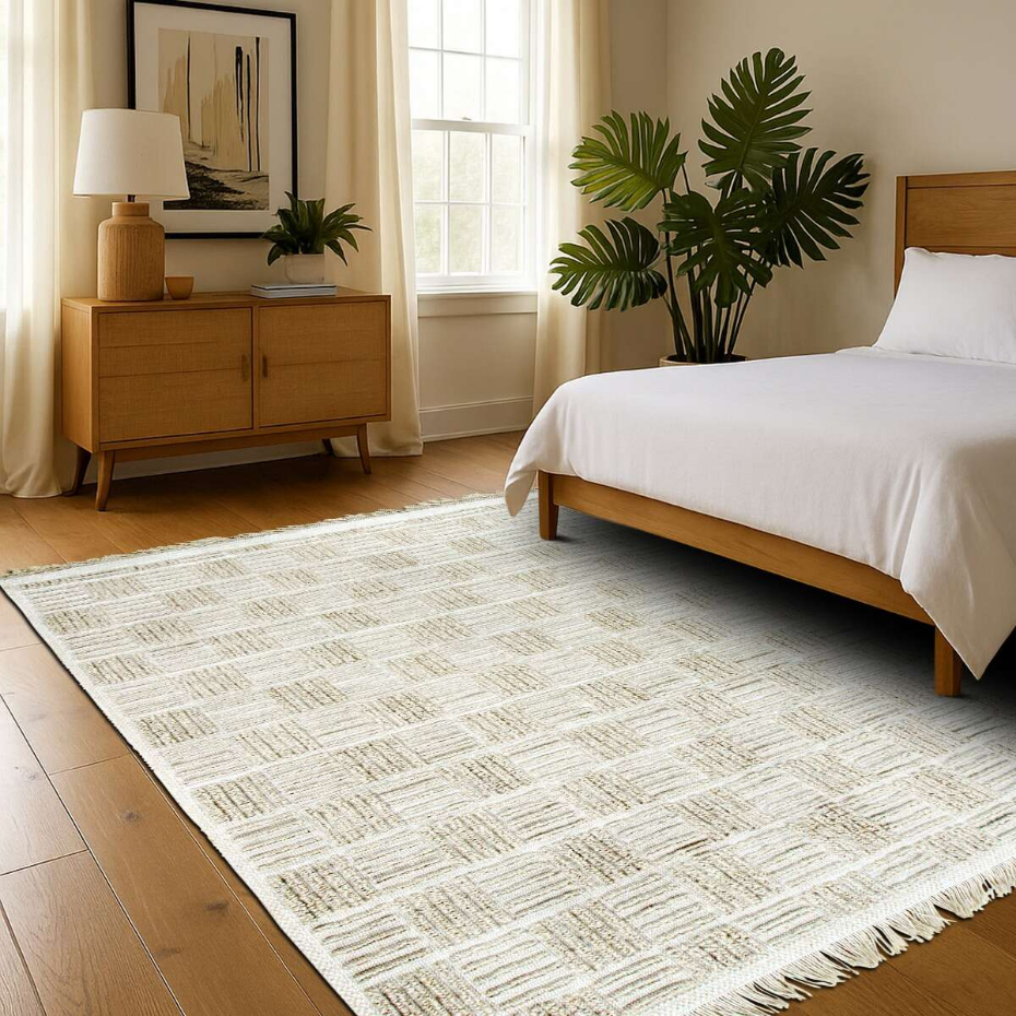 Tapis salon damier en jute  artisanal reliefs  JUTE NATUREL - style bohème