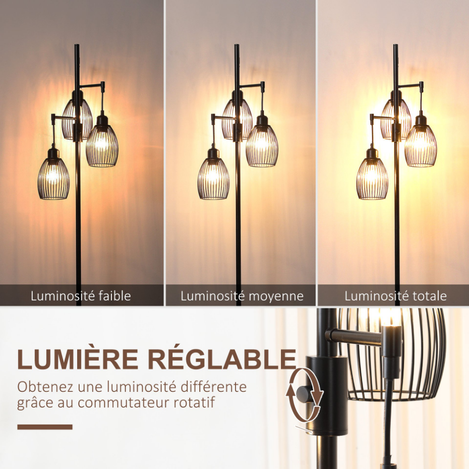 Lampadaire design industriel 3 têtes métal filaire acier noir