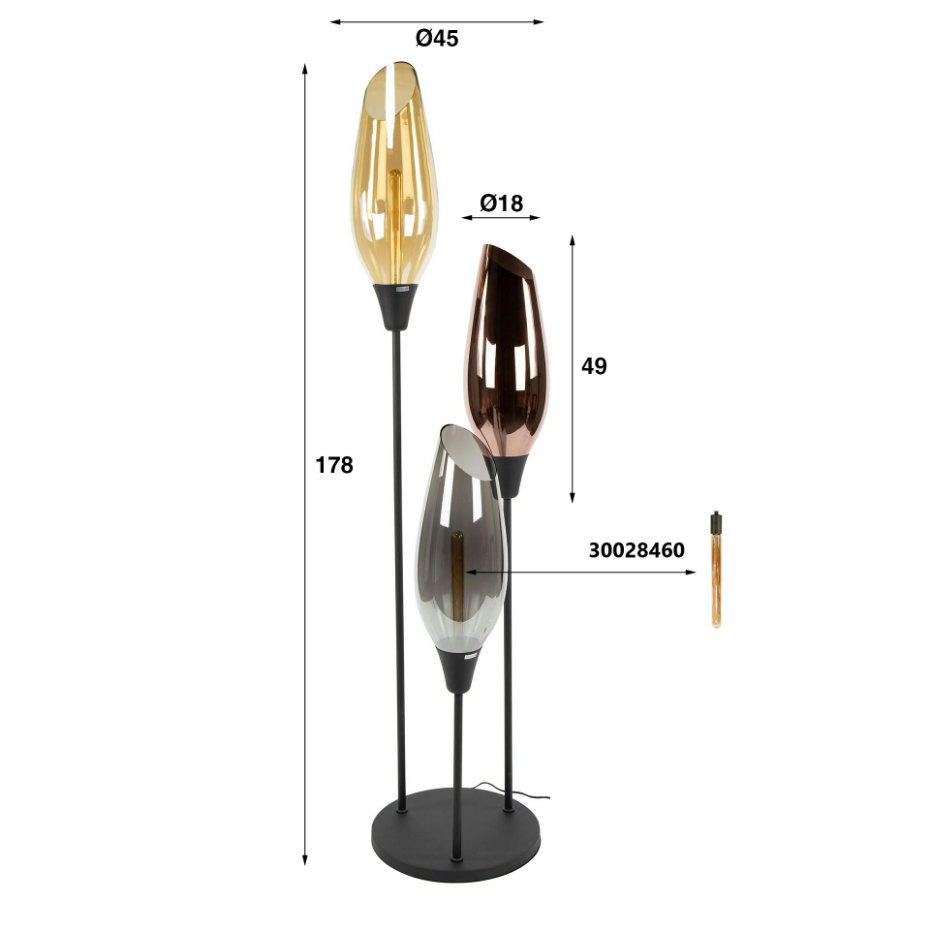 Lampadaire vintage XL avec abat-jour en verre forme torche NIAGARA