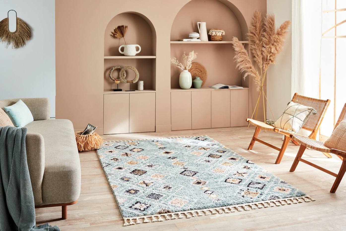 Tapis de salon symétrique imitation laine à franges DELYA