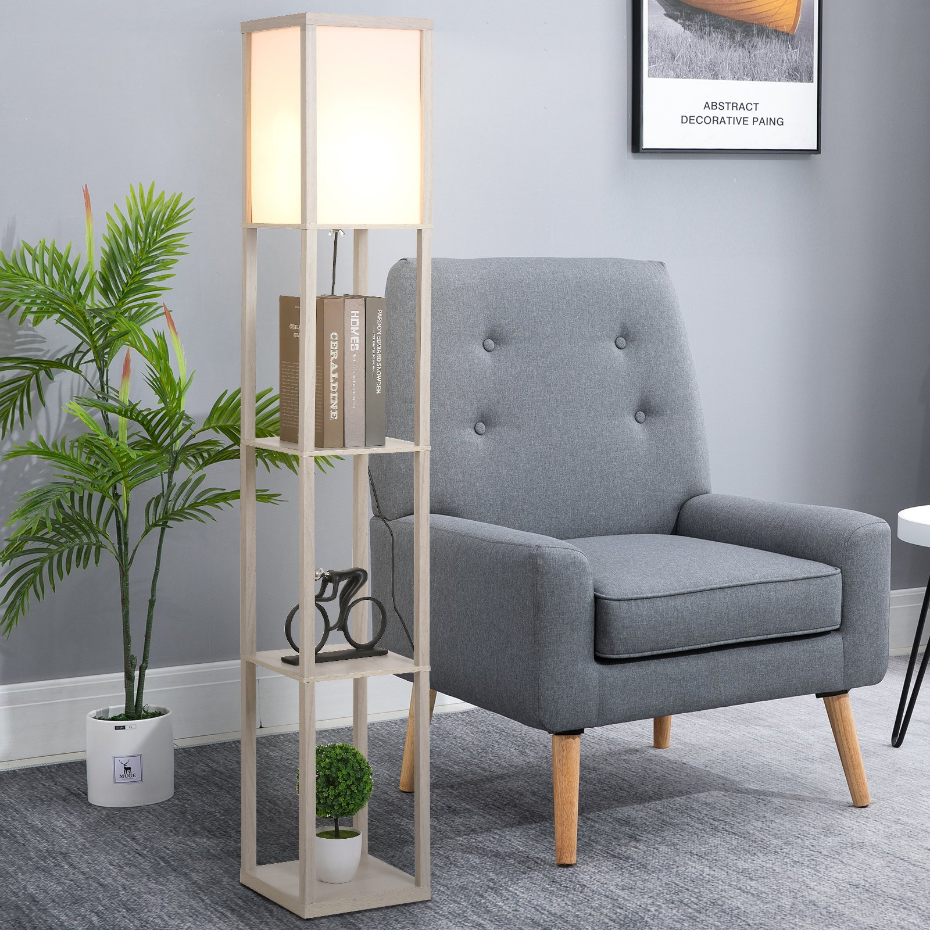 Lampadaire étagères 3 niveaux aspect bois