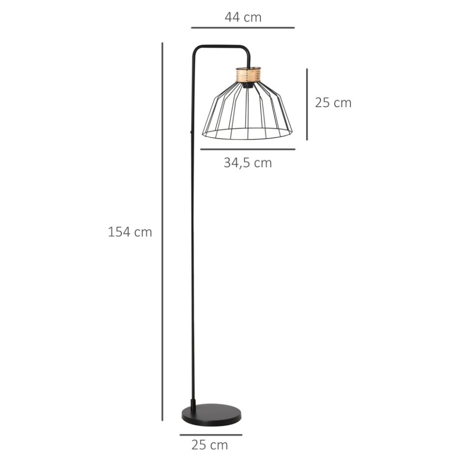 Lampadaire design industriel grillagé et arqué métal noir rotin