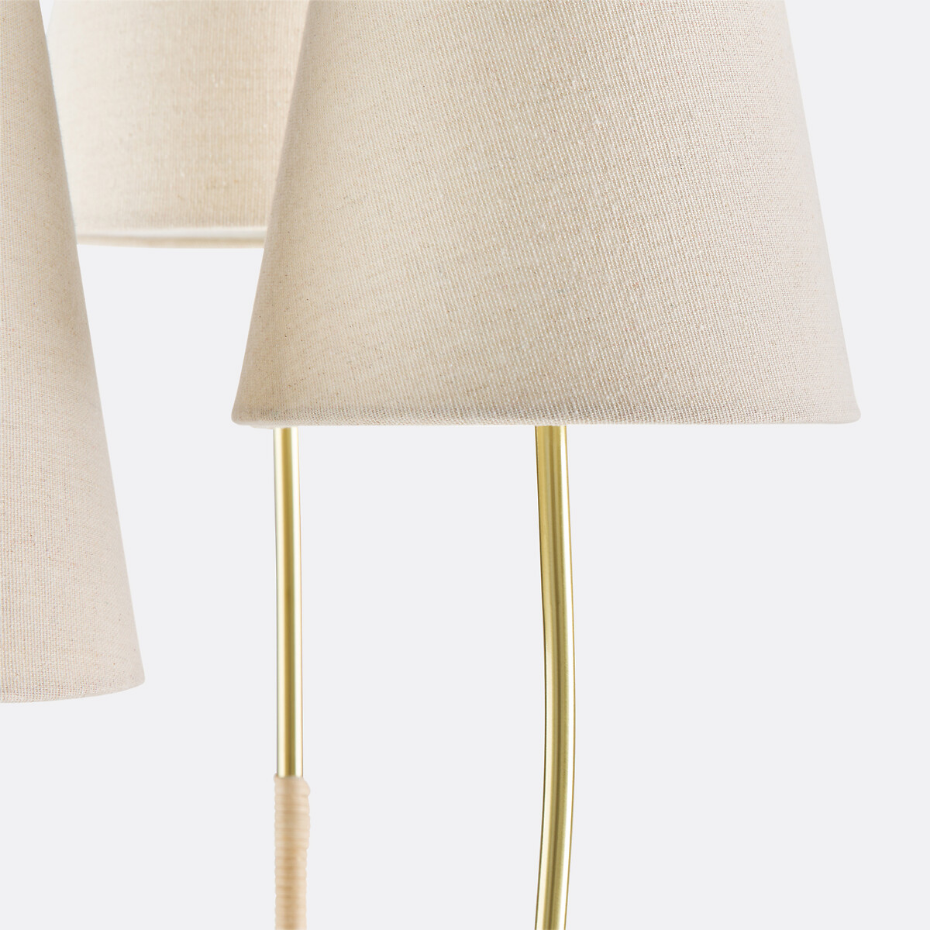 Lampadaire triple en laiton, lin & rotin, Amaya