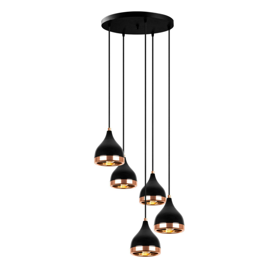 Suspension grappe moderne noire & cuivre, 5 abat-jour SILE