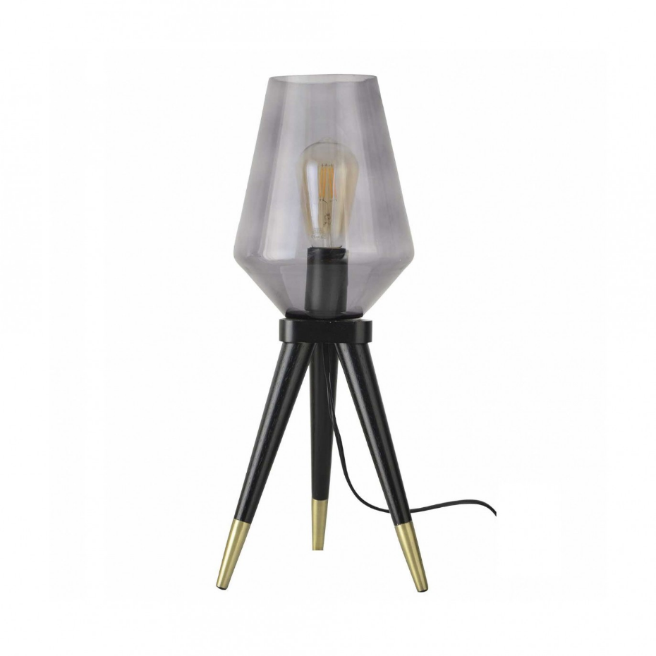 Lampe à poser trépied en bois d'hévéa, verre et métal, TRIBLUE