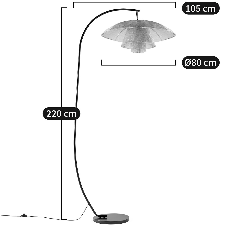 Lampadaire arc métal acier et rotin, Lola