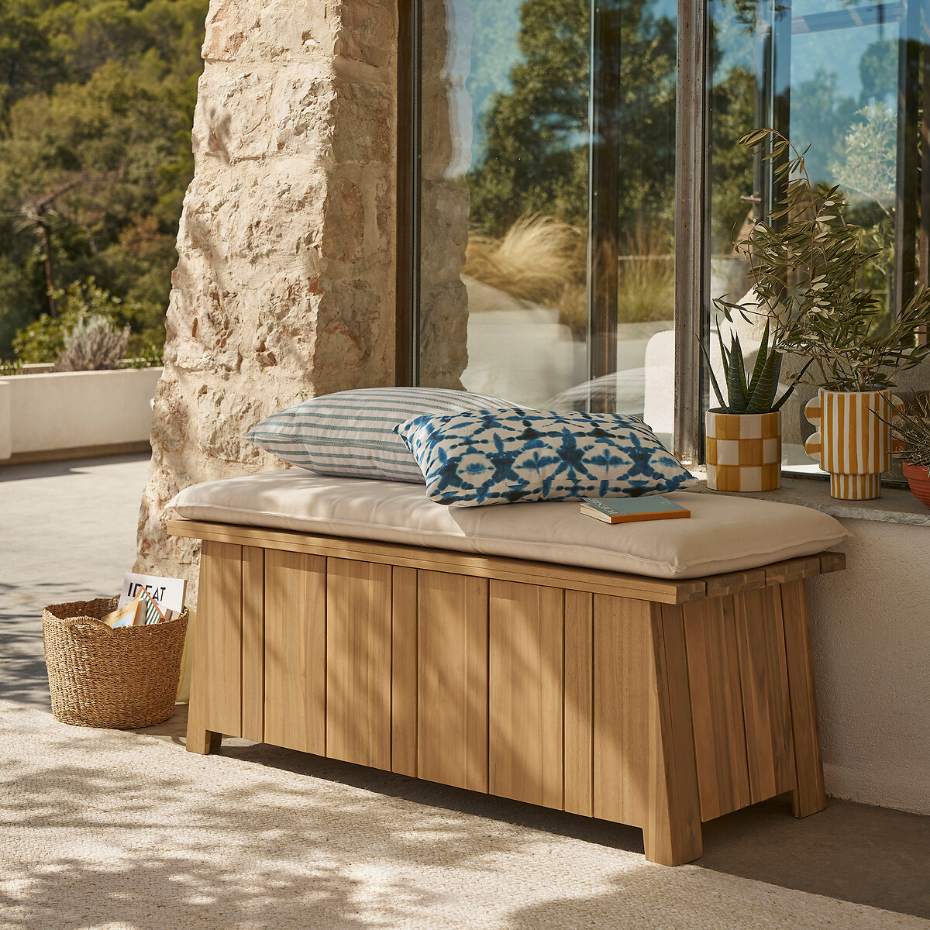 Banc coffre de jardin, en acacia, avec coussin, BRUT
