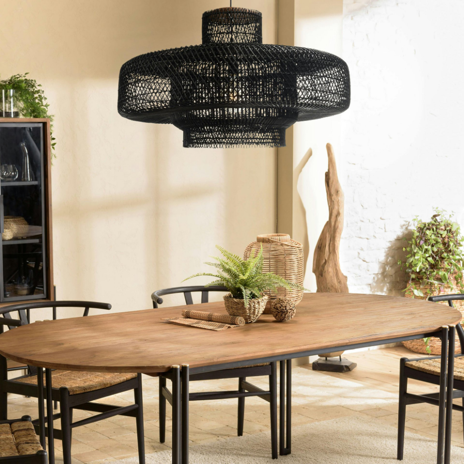 Suspension double 90x90cm en rotin couleur noire et teck FOLELLI