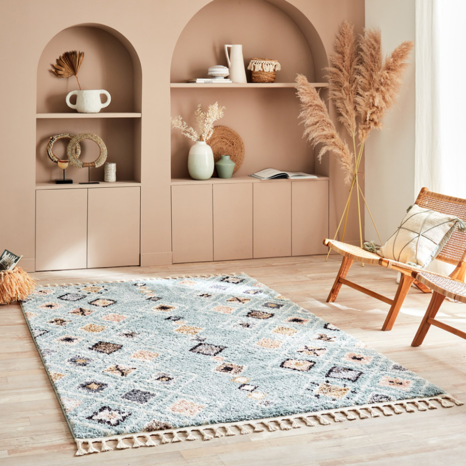 Tapis de salon symétrique imitation laine à franges DELYA
