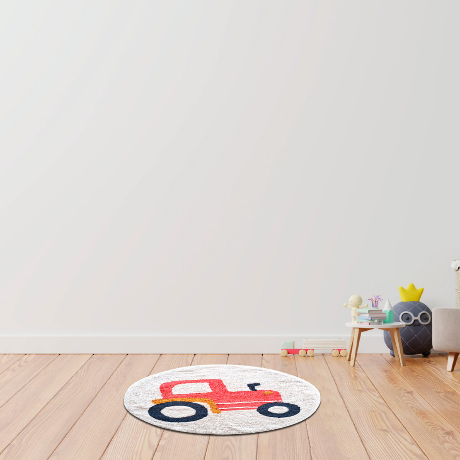 Tapis enfant Tracteur rond en coton tufté VEHICULES