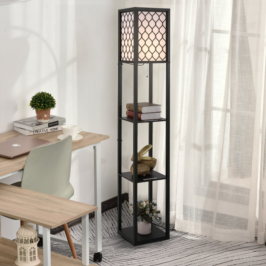 Lampadaire 3 étagères MDF noir abat-jour tissu motif nid d'abeille