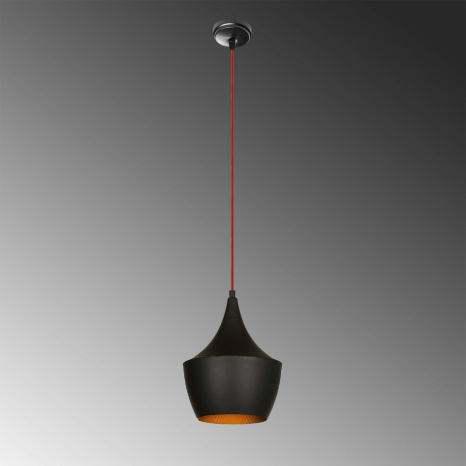Suspension moderne noire mate câble rouge, forme cloche SILE