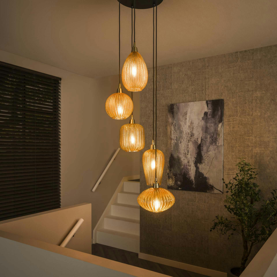 Suspension en verre ambré 5 lampes NOVA