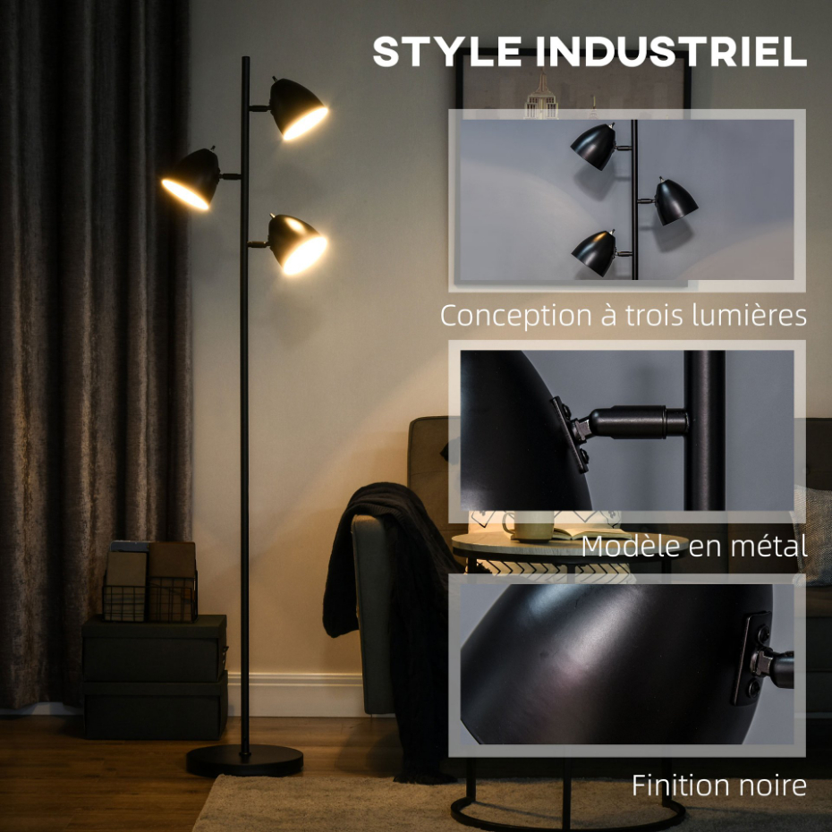 Lampadaire design industriel 3 abats-jours orientables acier noir