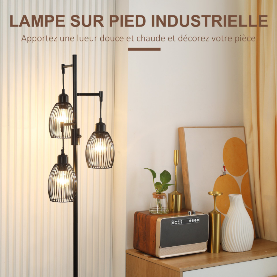 Lampadaire design industriel 3 têtes métal filaire acier noir