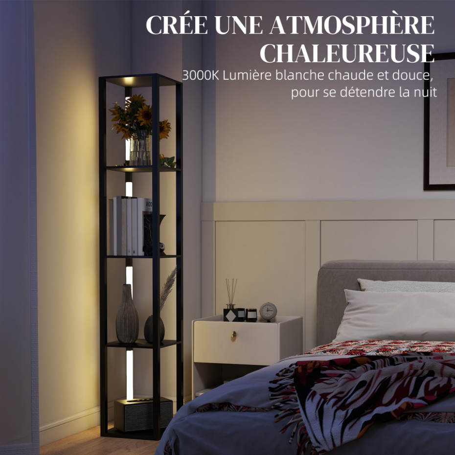 Lampadaire étagères LED 4 niveaux luminosité réglable MDF noir