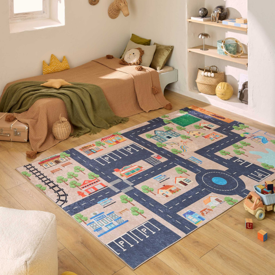 Tapis enfant lavable en machine, motif circuit HAPPY