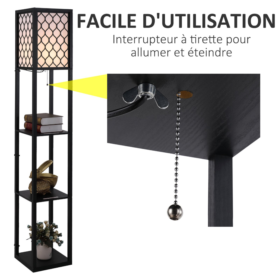 Lampadaire 3 étagères MDF noir abat-jour tissu motif nid d'abeille