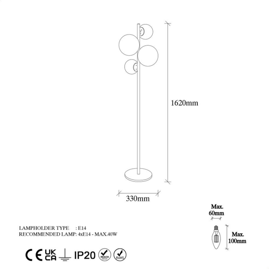 Lampadaire art déco doré, 4 globes verre dépoli SIERRE