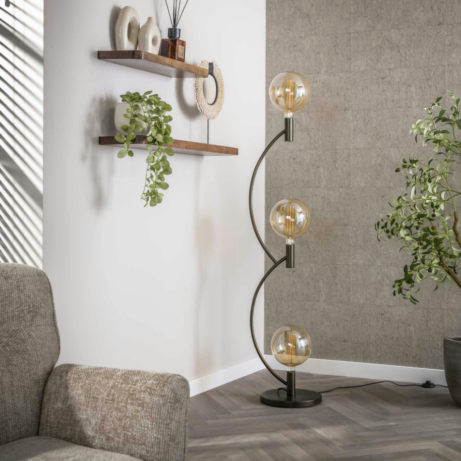 Lampadaire salon en métal courbe finition bronze 3 lampes RALF