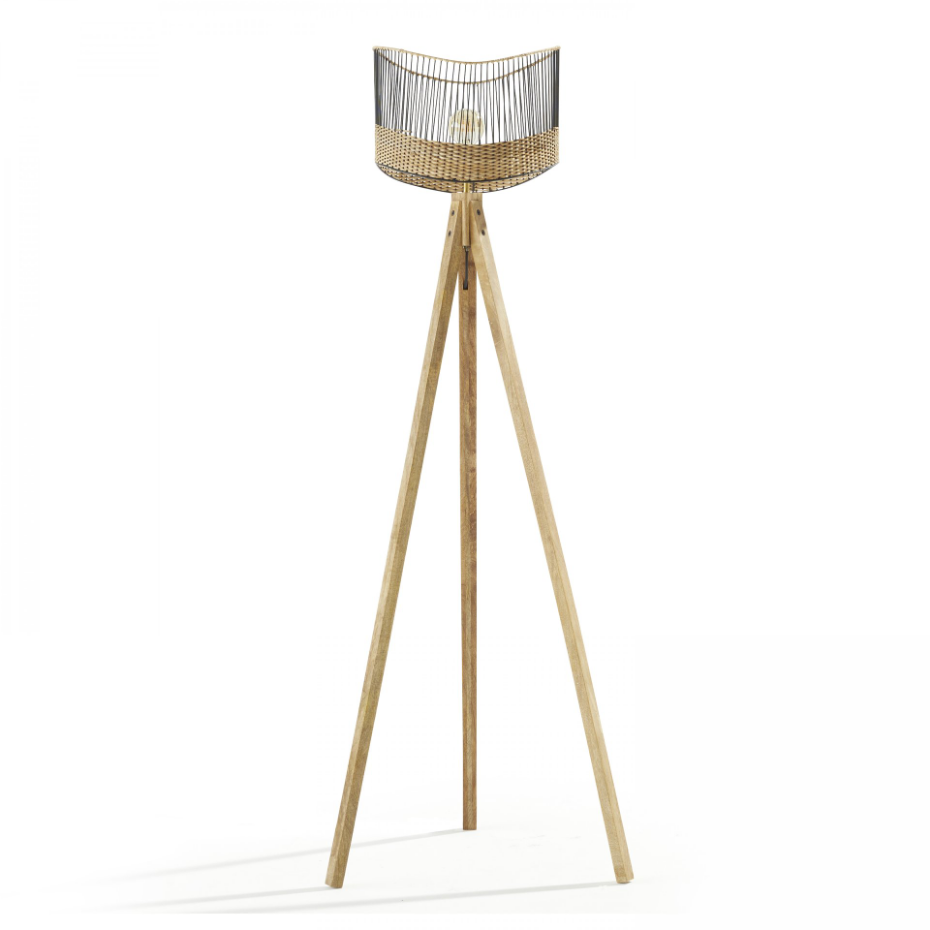 Lampadaire en bois et fibres de rotin