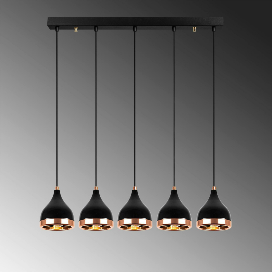 Suspension cuisine noire & cuivre, 5 abat-jour SILE