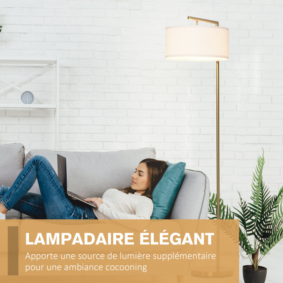 Lampadaire design néo-rétro 153H cm abat-jour aspect lin blanc métal doré