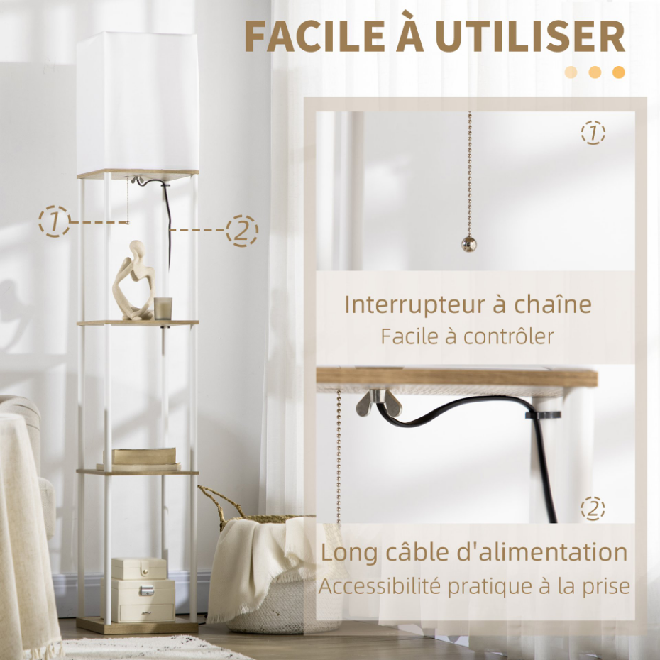 Lampadaire étagères 3 niveaux aspect bois et blanc