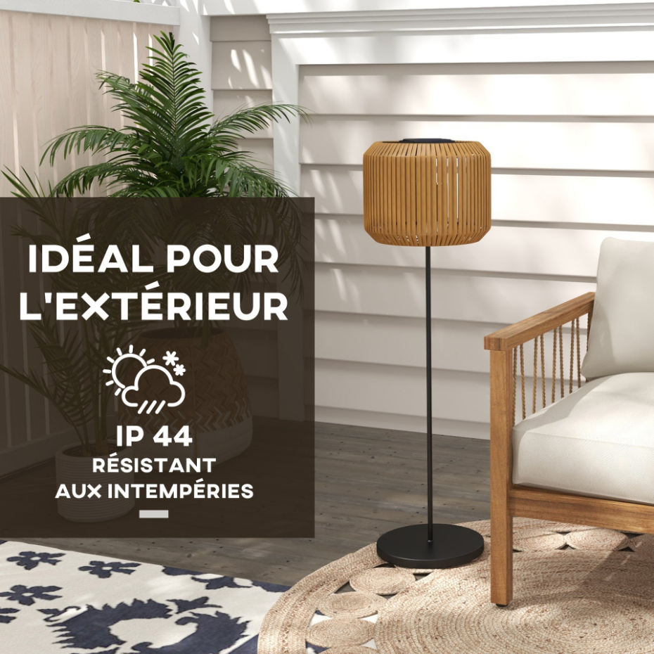 Lampadaire solaire LED style exotique H. 130 cm résine effet rotin