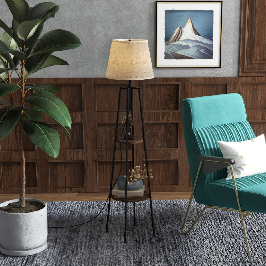 Lampadaire design contemporain 2 étagères 166H cm métal noir aspect bois noyer tissu beige