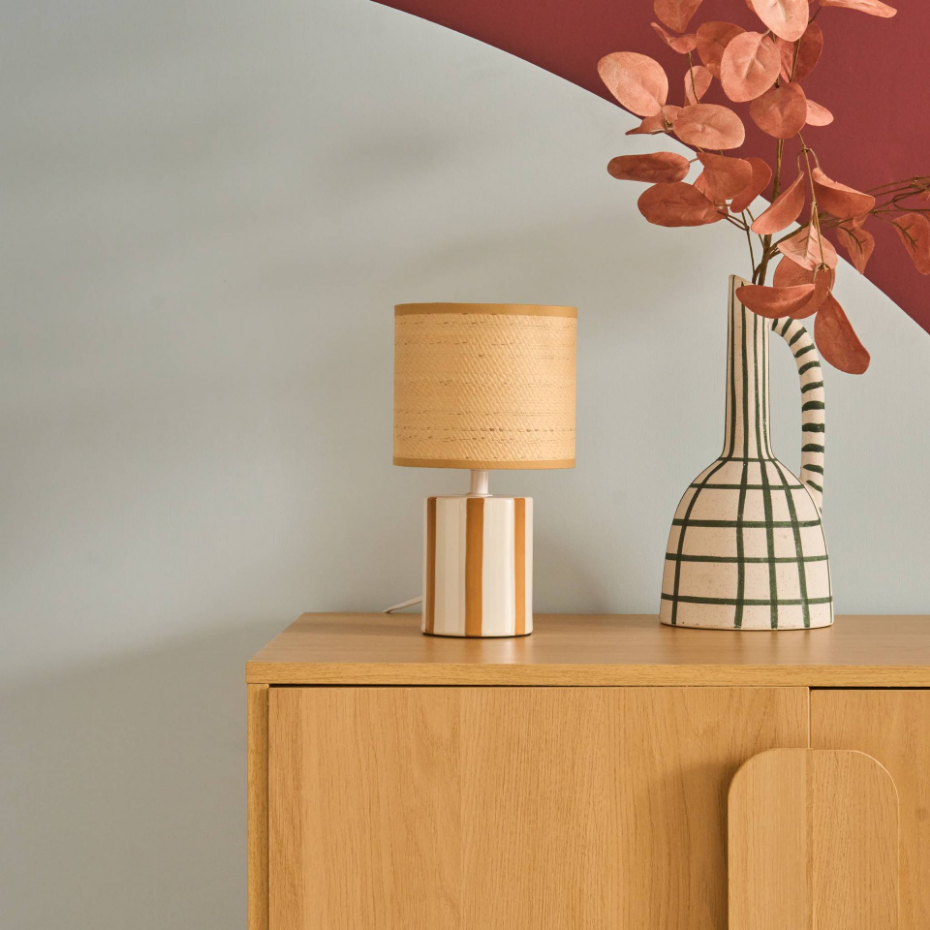 Lampe de table intérieur céramique abat-jour effet rotin H 28cm AURORE