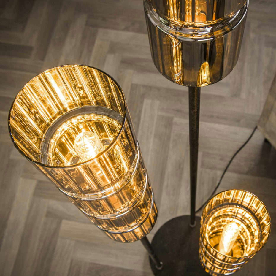 Lampadaire design en verre chromé, 3 abat-jour cylindriques RALF