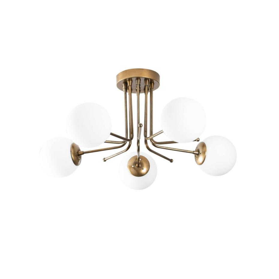 Plafonnier vintage métal doré 5 globes verre dépoli SIERRE