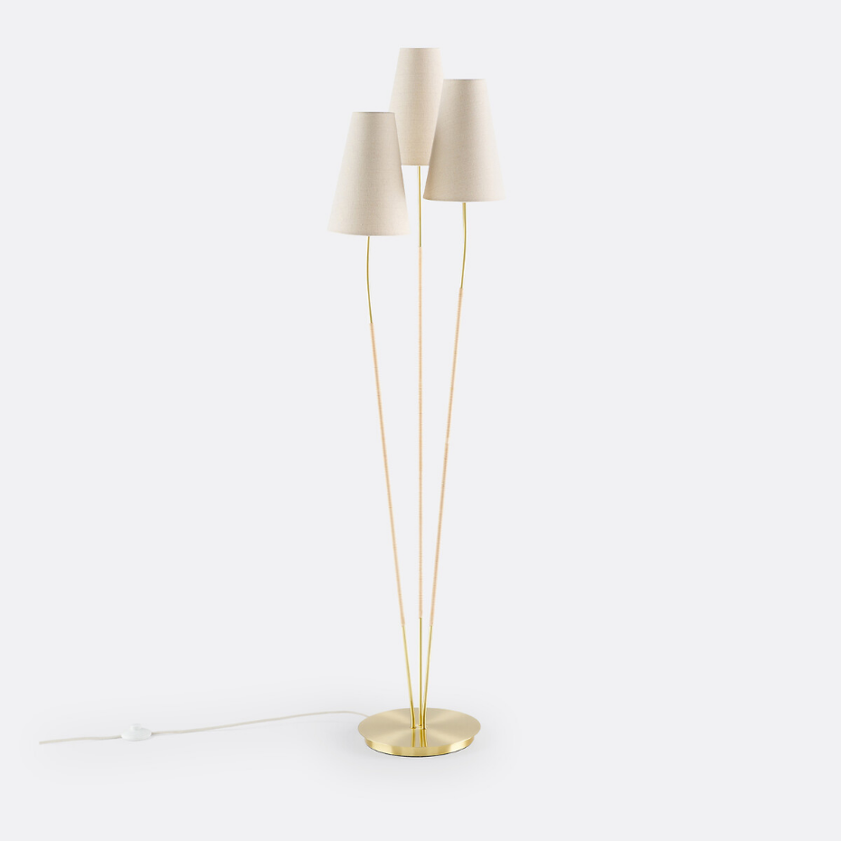 Lampadaire triple en laiton, lin & rotin, Amaya