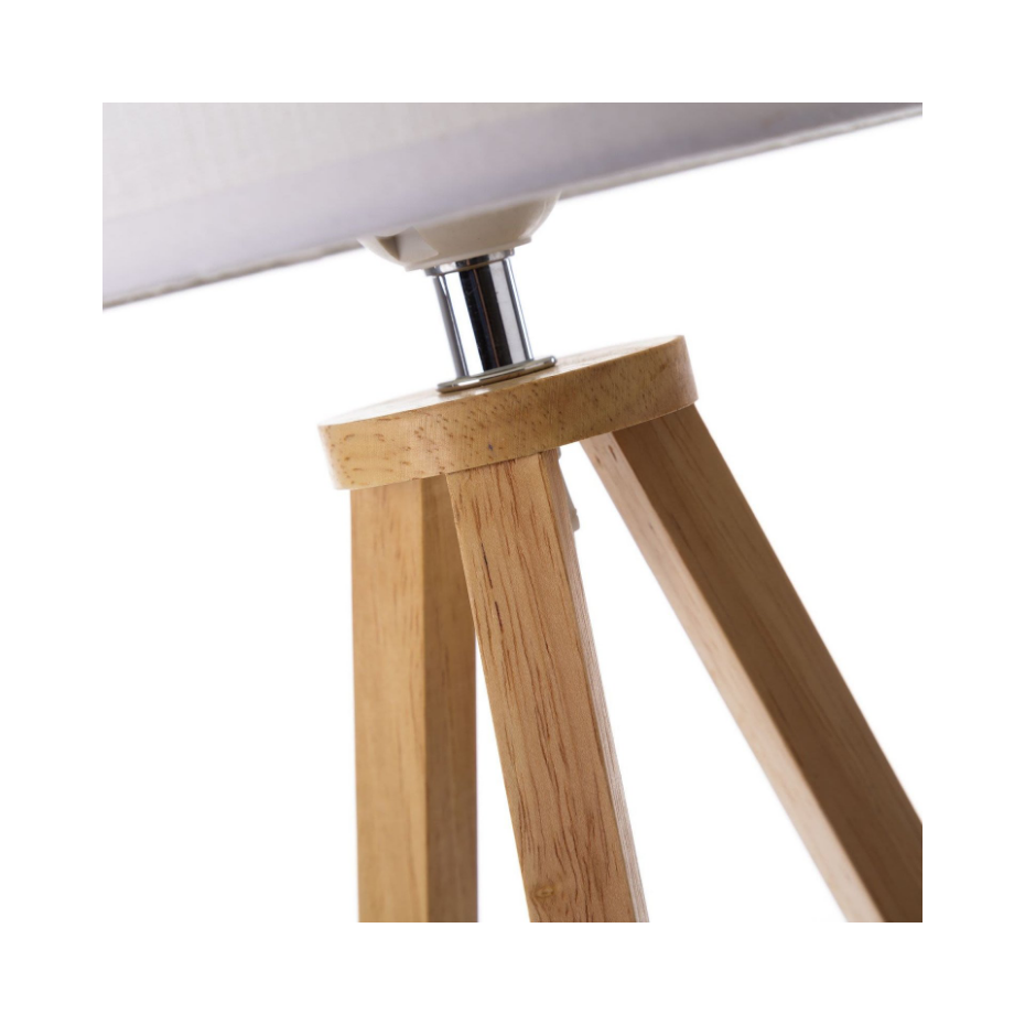 Lampe à Poser Trépied en Bois et Abat-jour Blanc