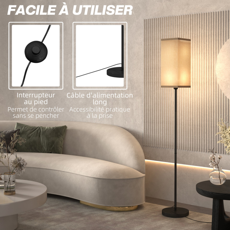 Lampadaire droit style moderne H.161 cm métal noir beige effet lin