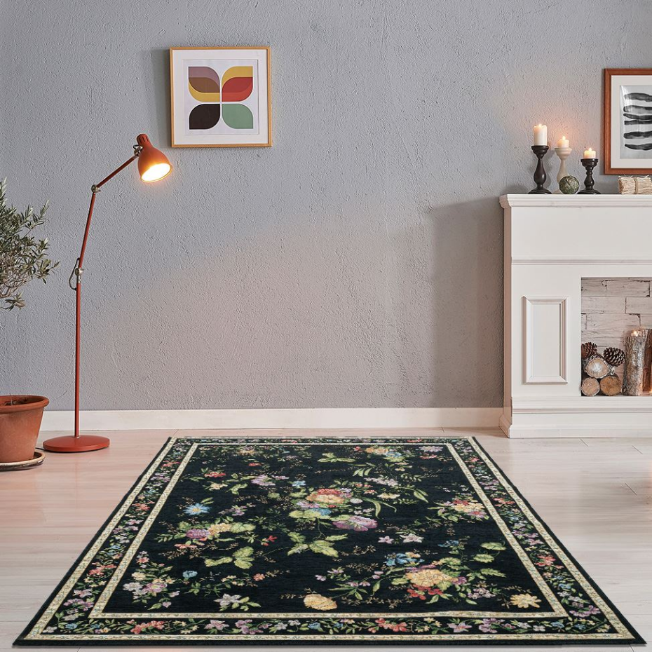 Tapis floral tissé à la machine avec bordure - Flomi