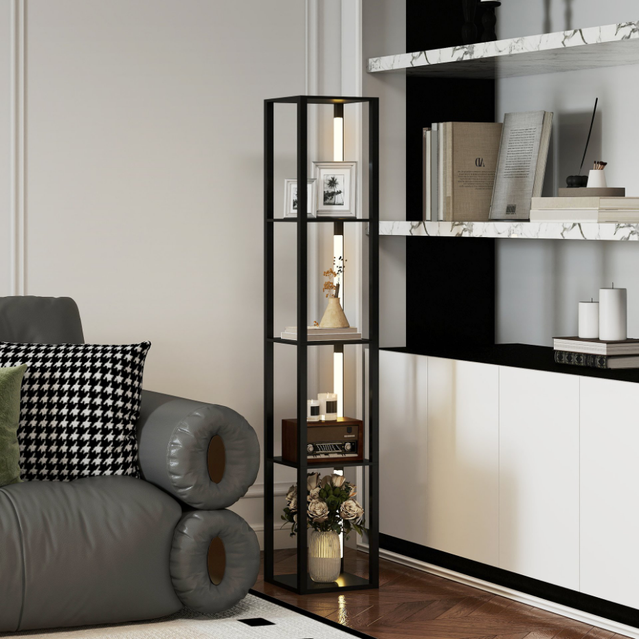 Lampadaire étagères LED 4 niveaux luminosité réglable MDF noir