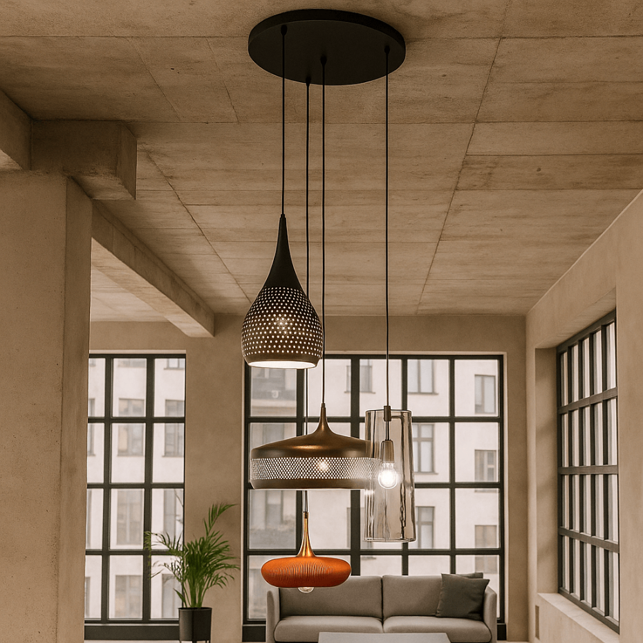 Suspension ronde en acier et verre, MELANGE