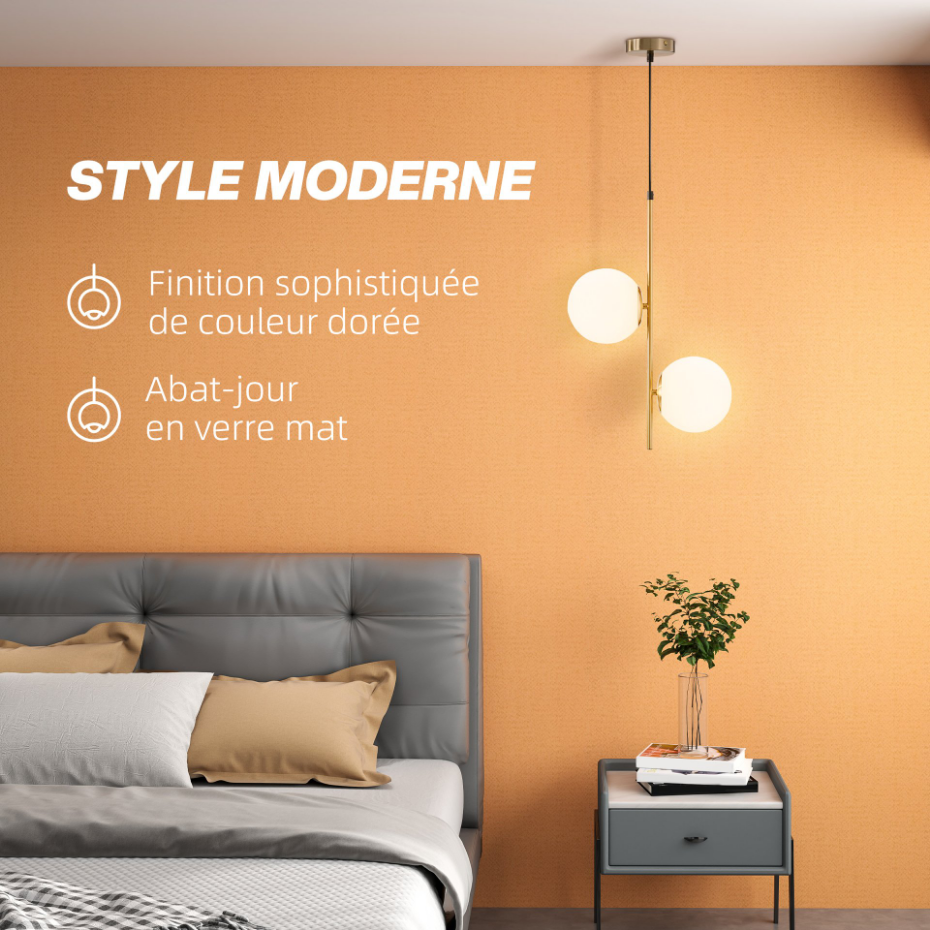 Suspension design néo-rétro 2 globes verre blanc opaque métal doré