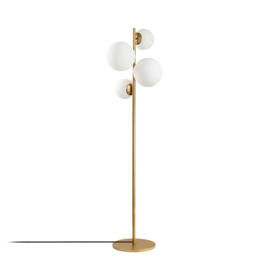 Lampadaire art déco doré, 4 globes verre dépoli SIERRE