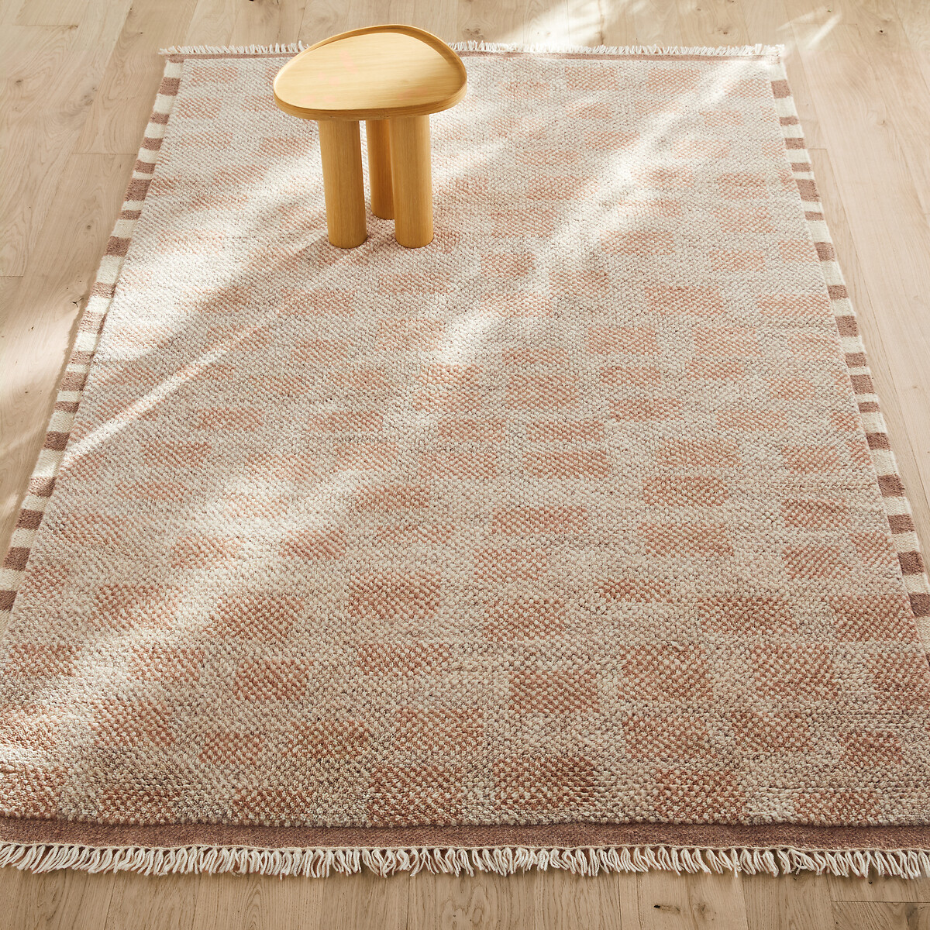 Tapis damier noué main, laine et coton, Dalmia