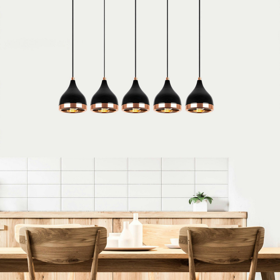 Suspension cuisine noire & cuivre, 5 abat-jour SILE